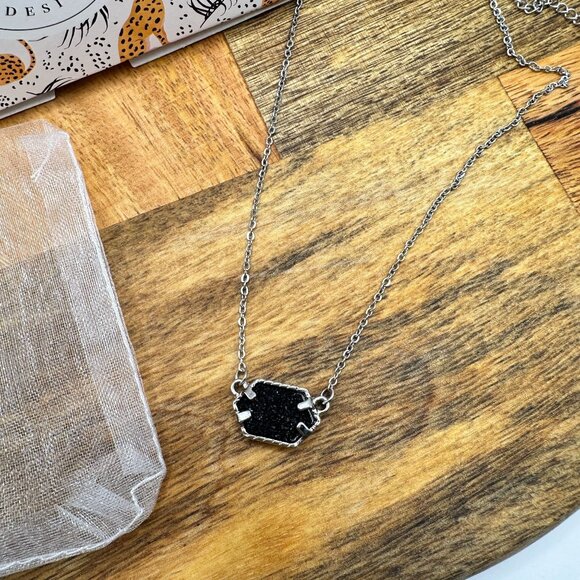 Plunder Design Yvette Hexagon Pendant Necklace Silver Chain With Black Druzy - Picture 2 of 5
